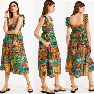 Farm Rio vibrant colorful green yellow patchwork design midi dress in size XS